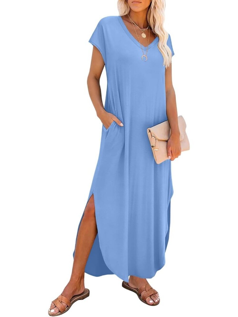 Women Light blue V Neck Cap Sleeve Long With Pockets Pull On Casual Maxi Dresses